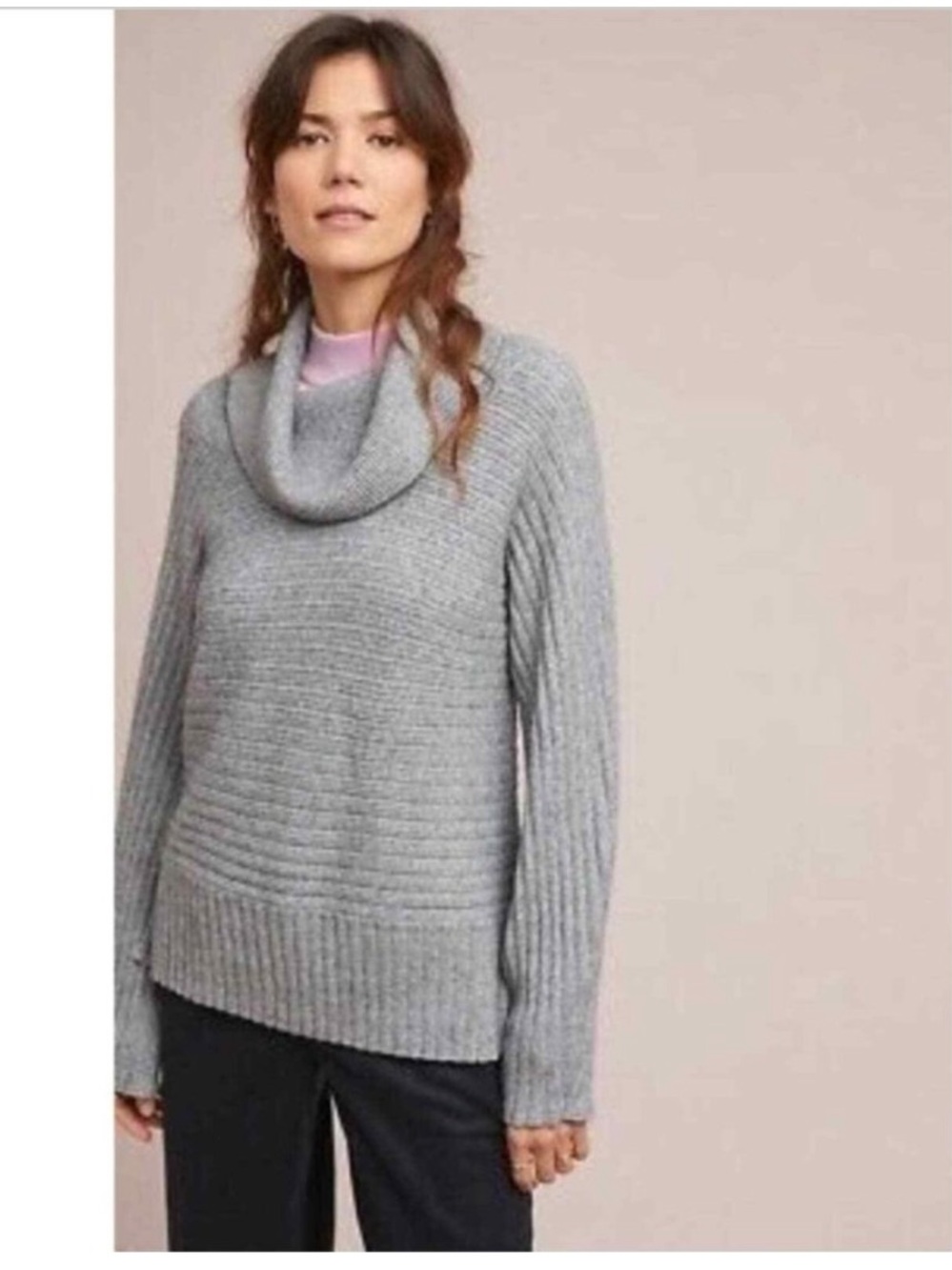 Moth Gray Ribbed Cowl-Neck Sweater